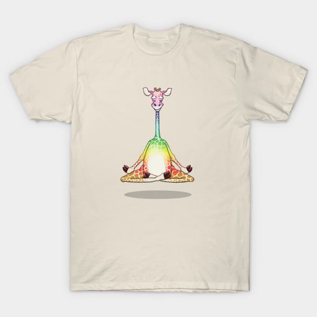 Levitating Meditating Giraffe Rainbow T-Shirt by Jitterfly